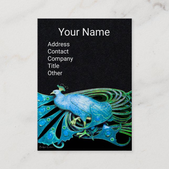 ELEGANT BLUE PEACOCK FASHION JEWEL Black Paper Business Card (Front)
