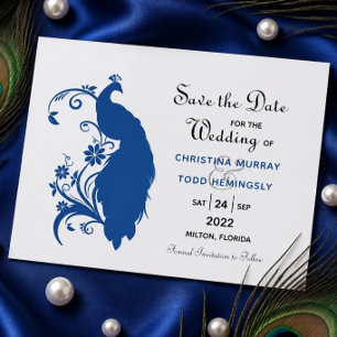 Elegant Blue Peacock Flat Save The Date Card