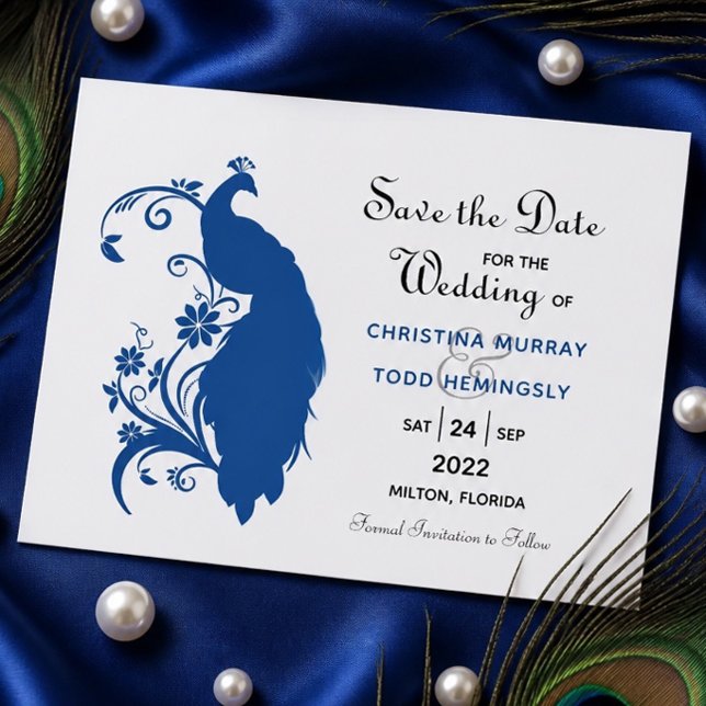 Elegant Blue Peacock Flat Save The Date Card (Creator Uploaded)