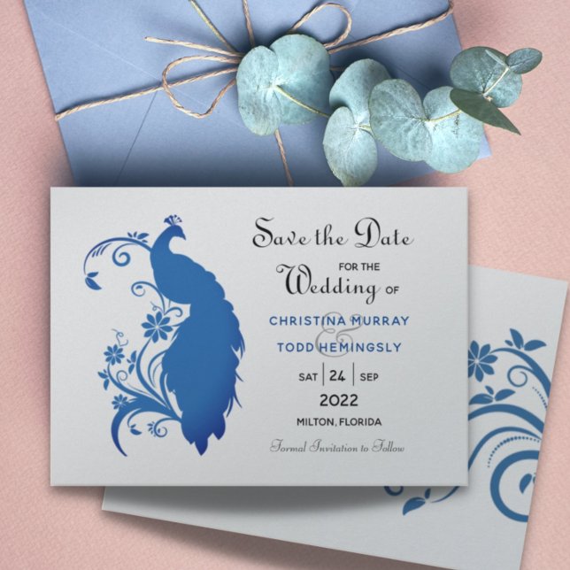 Elegant Blue Peacock Flat Save The Date Card (Creator Uploaded)