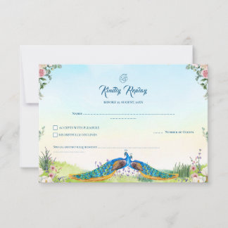 Elegant Blue Peacock Floral Indian Wedding Theme RSVP Card
