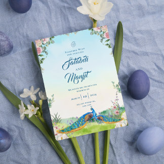 Elegant Blue Peacock Floral Wedding Theme Invitation