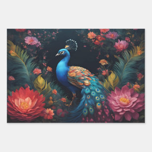 Elegant Blue Peacock in Colourful Floral Garden Wrapping Paper Sheet