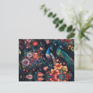 Elegant Blue Peacock in Colourful Flower Garden Postcard