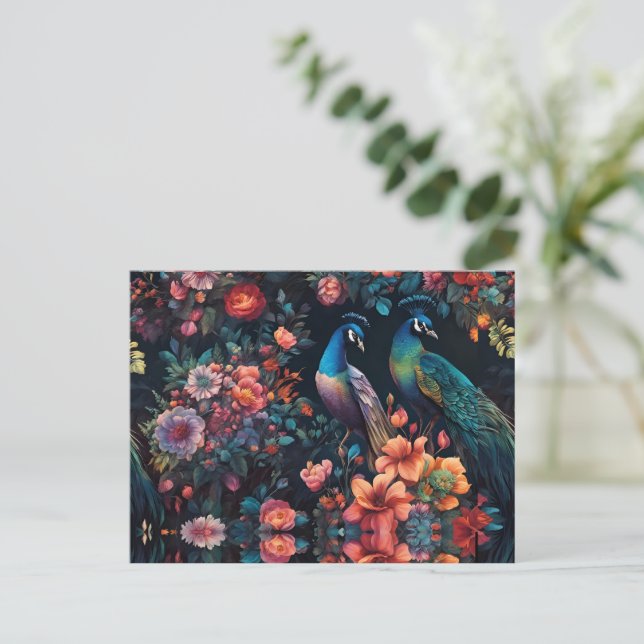 Elegant Blue Peacock in Colourful Flower Garden Postcard (Standing Front)