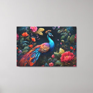 Elegant Blue Peacock in Colourful Garden Canvas Print