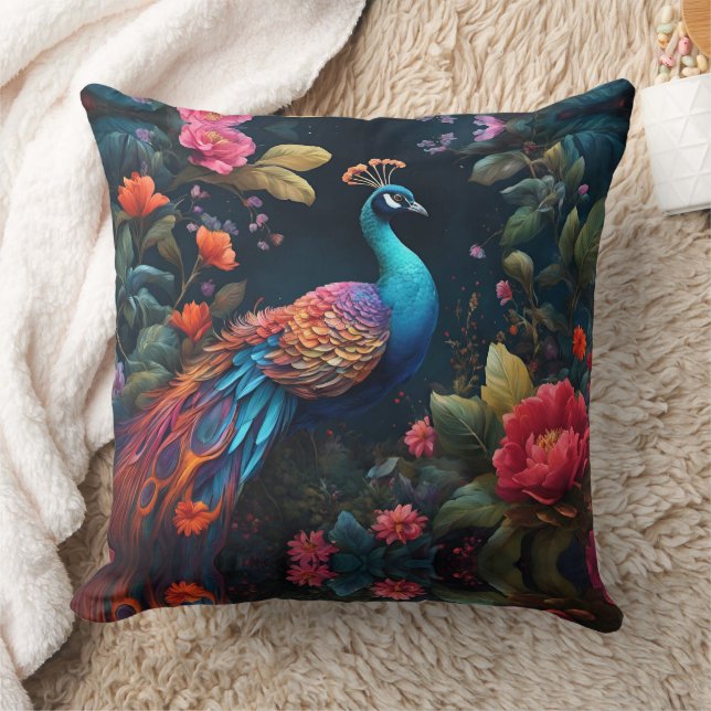 Elegant Blue Peacock in Colourful Garden Cushion (Blanket)
