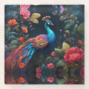 Elegant Blue Peacock in Colourful Garden Glass Coaster