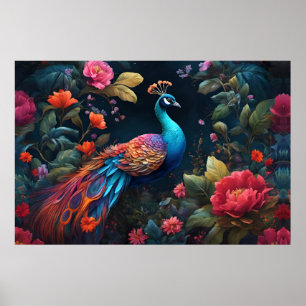 Elegant Blue Peacock in Colourful Garden Poster