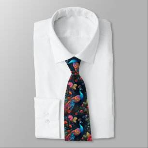 Elegant Blue Peacock in Colourful Garden Tie