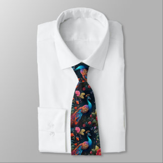 Elegant Blue Peacock in Colourful Garden Tie
