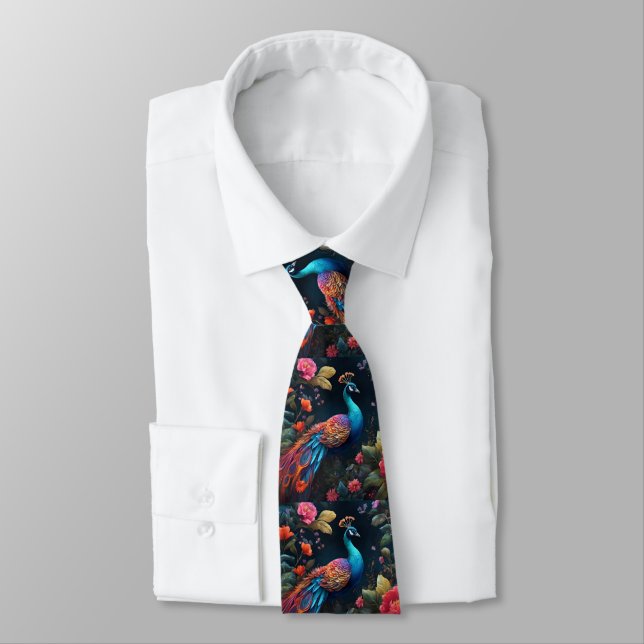 Elegant Blue Peacock in Colourful Garden Tie (Tied)