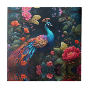 Elegant Blue Peacock in Colourful Garden Tile