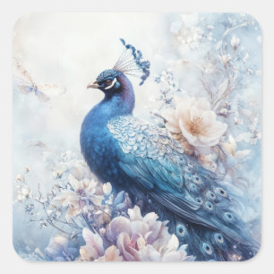 Elegant Blue Peacock Perched in Ethereal Garden Square Sticker