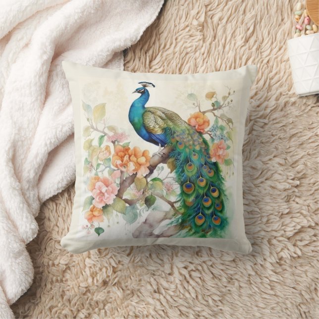 Elegant Blue Peacock Pink Flowers Cream Cushion (Blanket)