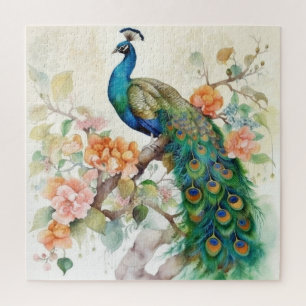 Elegant Blue Peacock Pink Flowers Jigsaw Puzzle