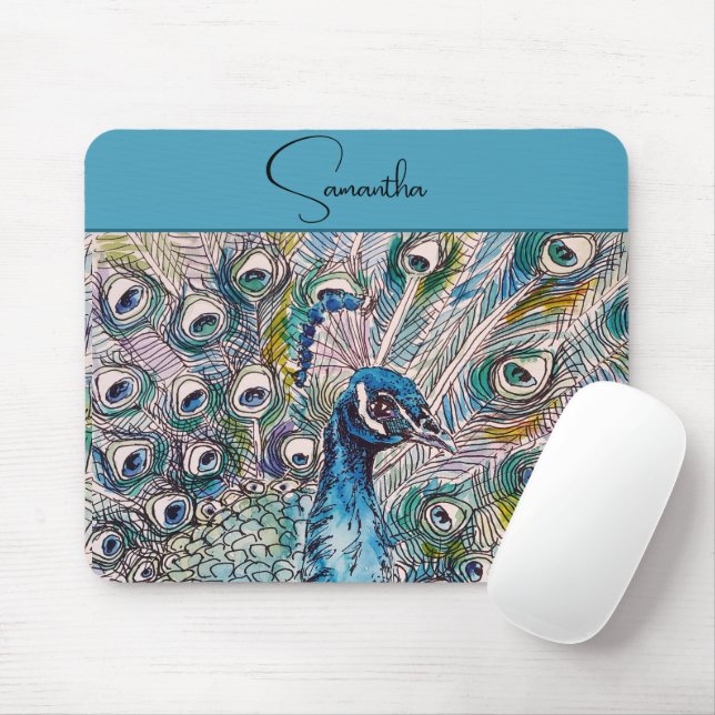 Elegant Blue Peacock Watercolor Art Birthday Mouse Mat (With Mouse)