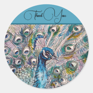 Elegant Blue Peacock Watercolor Art Thank You Classic Round Sticker