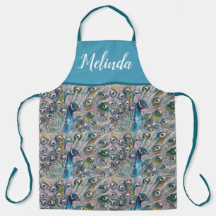 Elegant Blue Peacock Watercolor Art Womans Apron