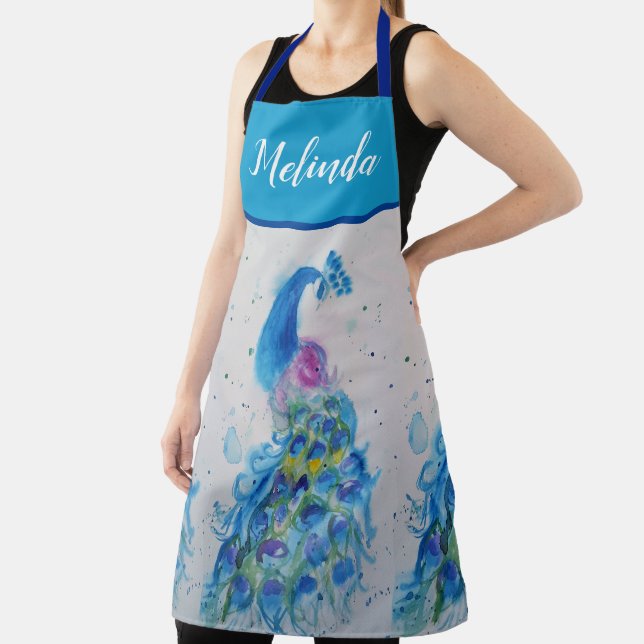 Elegant Blue Peacock Watercolor Art Womans Apron (Insitu)