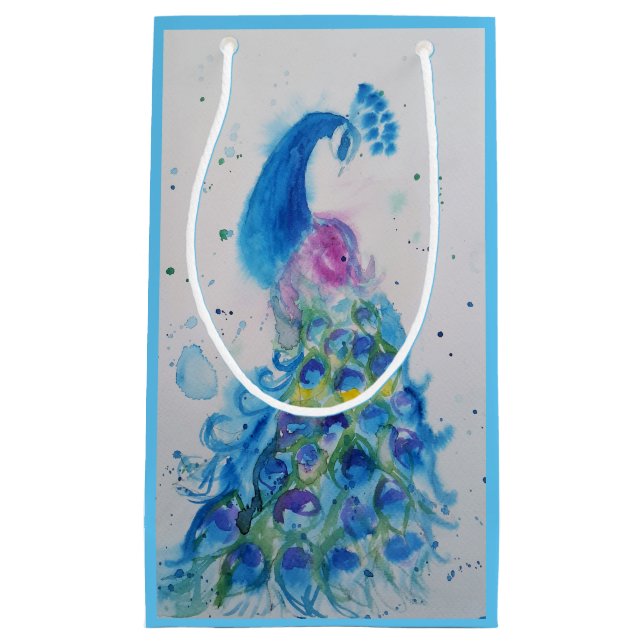 Elegant Blue Peacock Watercolour bird Gift Bag (Front)