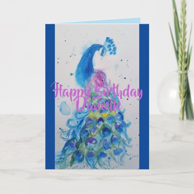 Elegant Blue Peacock Watercolour Birthday Card (Front)