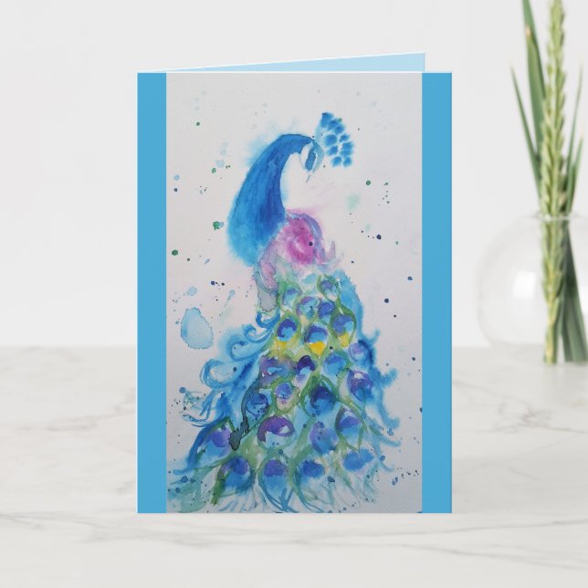 Elegant Blue Peacock Watercolour Birthday Card (Front)