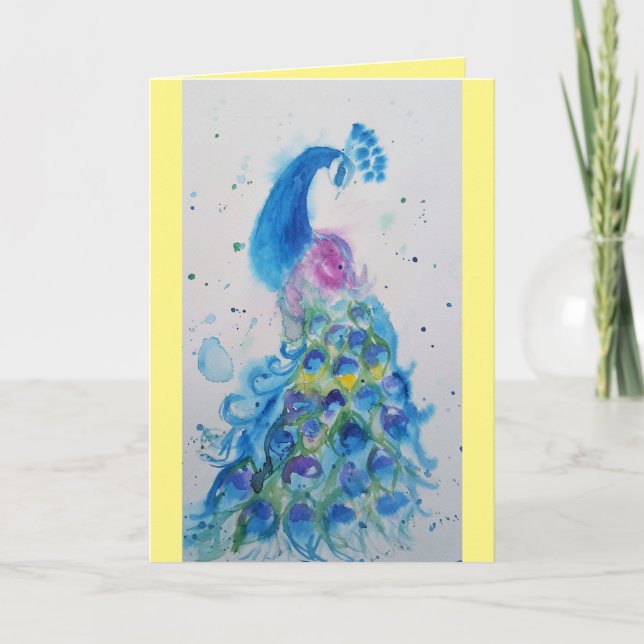 Elegant Blue Peacock Watercolour Birthday Card (Front)