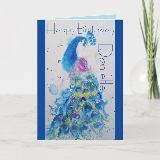 Elegant Blue Peacock Watercolour Birthday Card (Front)