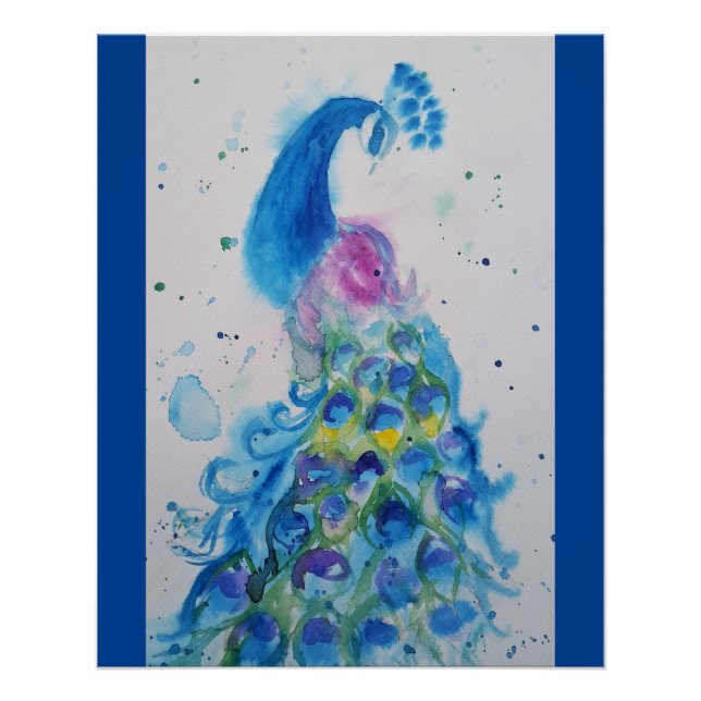 Elegant Blue Peacock Watercolour Painting Poster (Front)