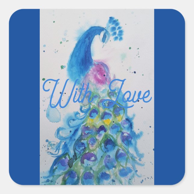 Elegant Blue Peacock Watercolour With Love Square Sticker (Front)