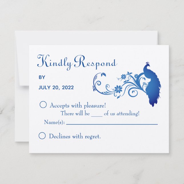 Elegant Blue Peacock Wedding RSVP Card (Front)