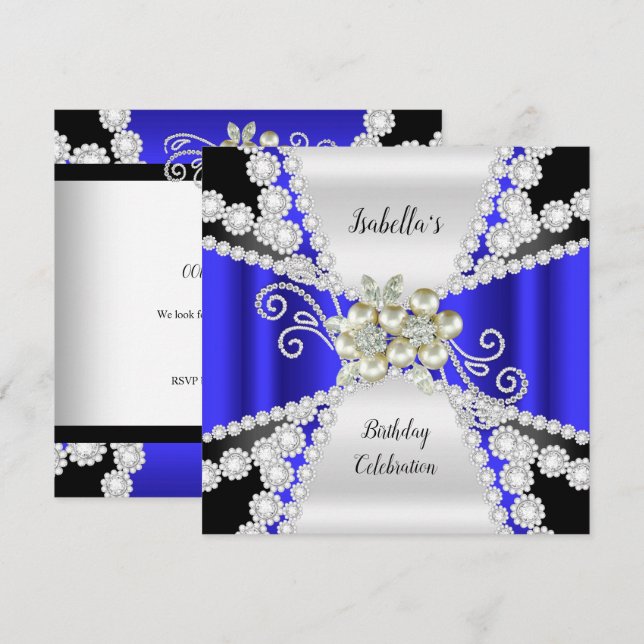 Elegant Blue Pearl Black White Diamond Birthday Invitation (Front/Back)