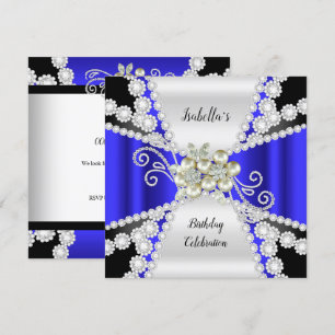 Elegant Blue Pearl Black White Diamond Birthday Invitation