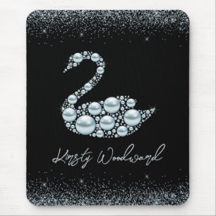 Elegant Blue Pearl Swan on Black Background Mouse Mat
