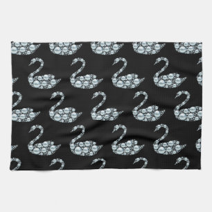 Elegant Blue Pearl Swan on Black Background Tea Towel