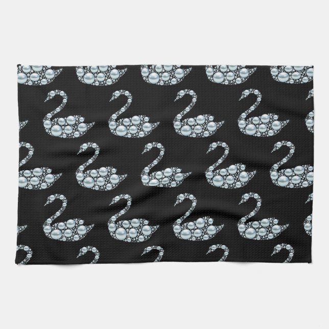Elegant Blue Pearl Swan on Black Background Tea Towel (Horizontal)