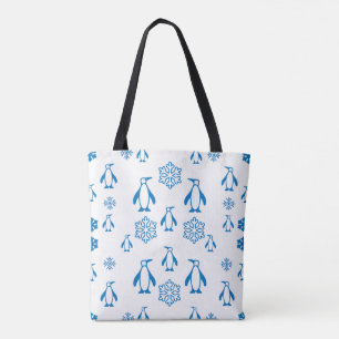 Elegant Blue Penguins With Snowflakes Pattern Tote Bag