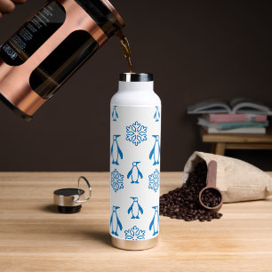 Elegant Blue Penguins With Snowflakes Pattern Water Bottle