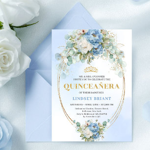 Elegant Blue Peonies Quinceañera 15th Birthday Invitation