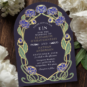 Elegant Blue Peony Art Nouveau Floral Wedding Invitation