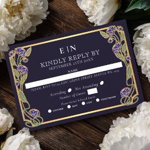 Elegant Blue Peony Art Nouveau Floral Wedding RSVP Card