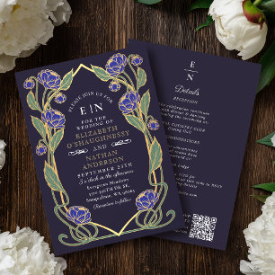 Elegant Blue Peony Art Nouveau QR Code Wedding Invitation