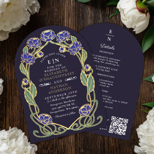 Elegant Blue Peony Art Nouveau Wedding Arch QR Invitation