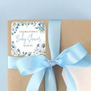 Elegant Blue Peony Floral Boy Baby Shower Square Sticker