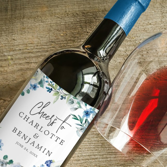 Elegant Blue Peony Floral Wedding Personalised Wine Label (Creator Uploaded)