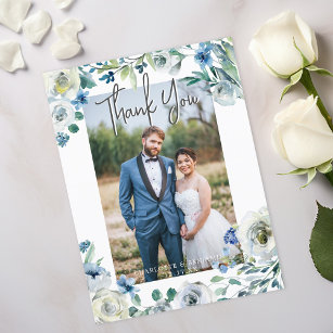 Elegant Blue Peony Floral Wedding Photo Thank You Postcard