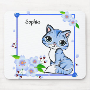 Elegant Blue Peony Flower And Blue Cute Cat Mouse Mat