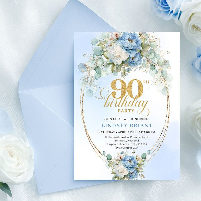 Elegant Blue Peony Gold 90th Birthday Invitation (Elegant Blue Peonies 90th Birthday Invitation Gold)