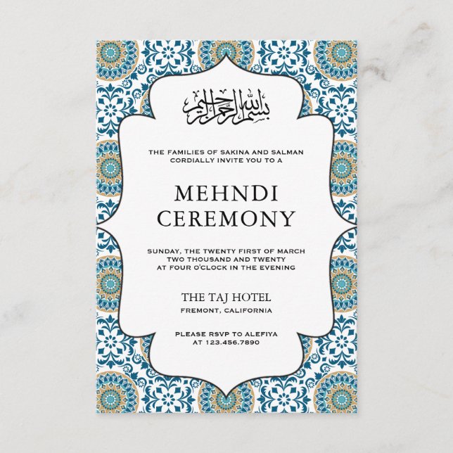Elegant Blue Persian Mosaic Islamic Muslim Mehndi Enclosure Card (Front)